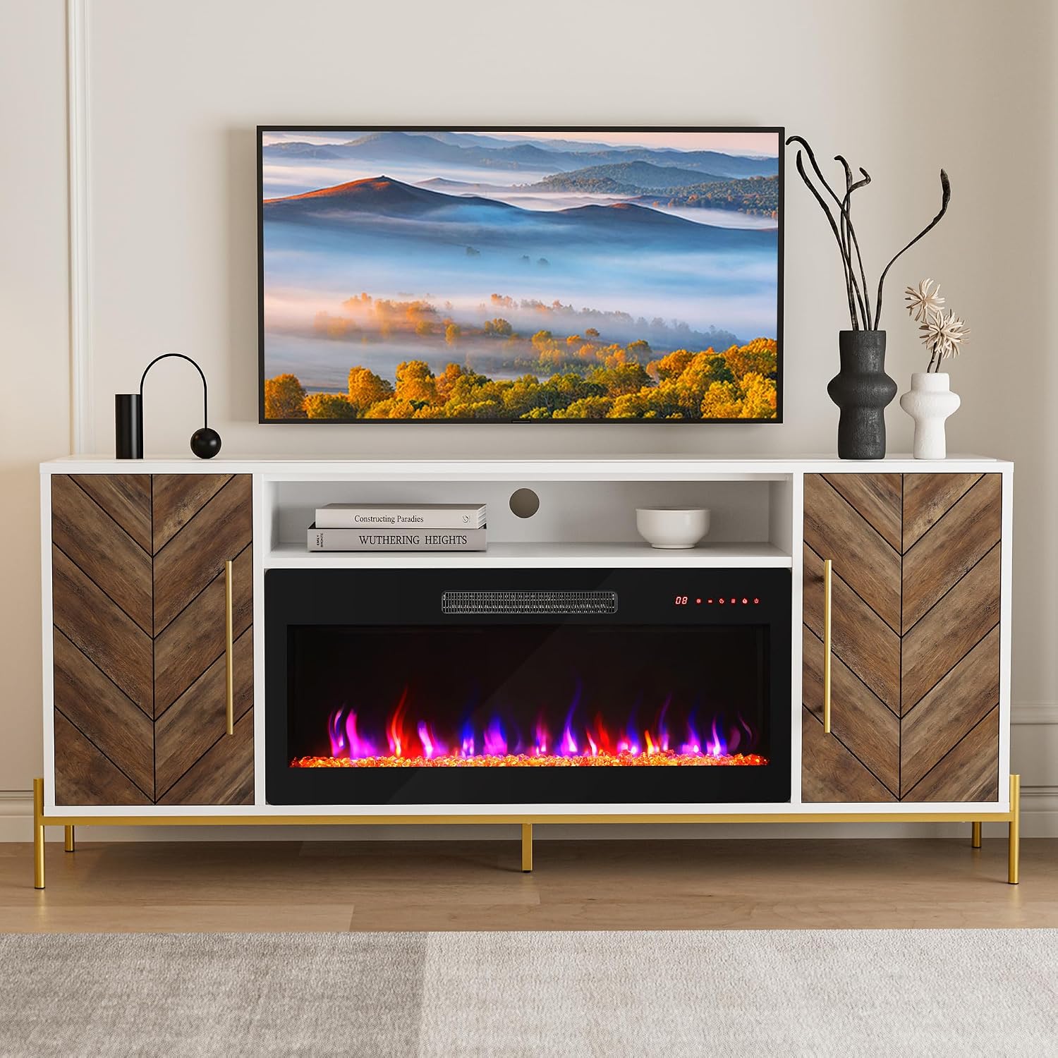 BELLEZE 68' Wood TV Stand with 36' Electric Fireplace, Entertainment Center with Storage Cabinet, Console Table for TVs up to 75 Inches, for Living Room, Bedroom - Harper (White Ebony)