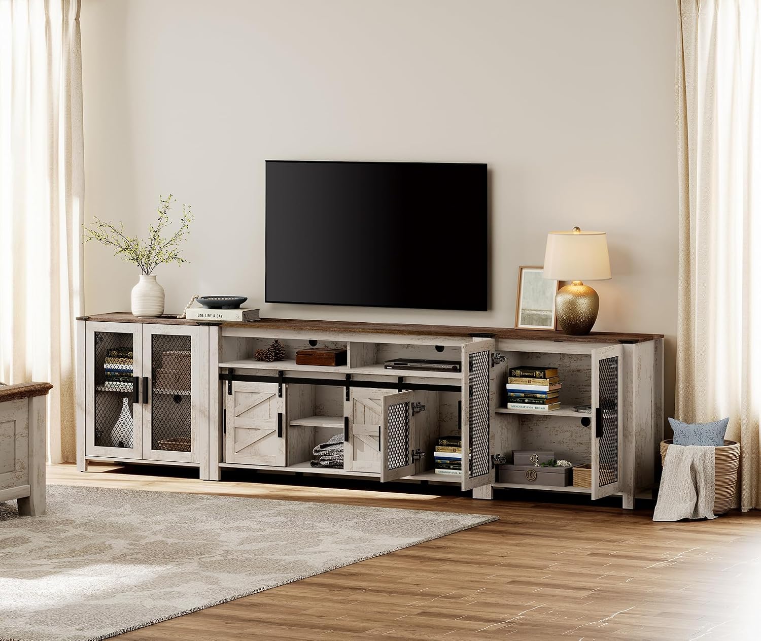 WAMPAT TV Stand Set for 100 inch TV,Door Storage Cabinet with Mesh for Living Room,Farmhouse Storage Units with Open and Adjustable Shelf,Antique White, Dark Walnut and White