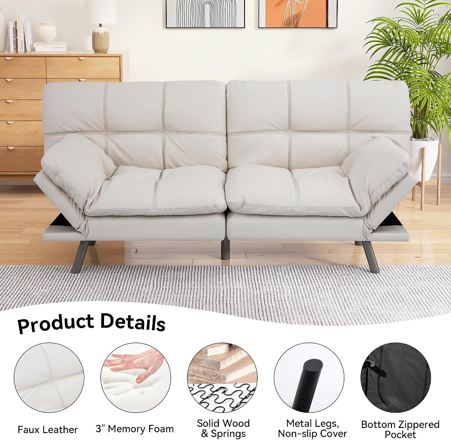 Convertible Faux Leather Futon Sofa Bed,Memory Foam Futon Couch,Small Splitback Modern Folding Loveseat Sleeper Sofa Couches for Living Room,Office,Apartment,White