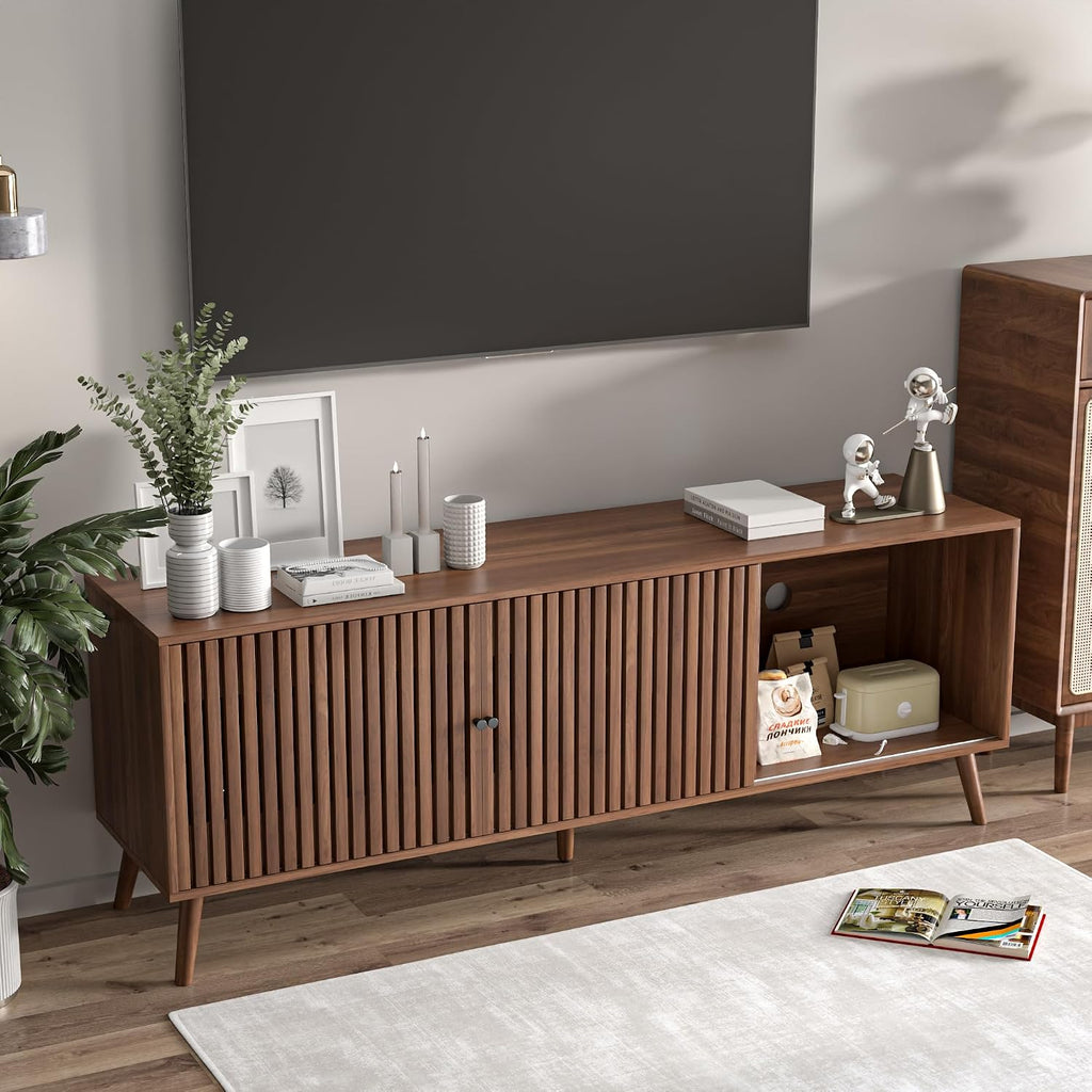 Oubayajia Mid Century Modern TV Stand for Televisions up to 70 Inches, with Sliding Doors and Storage, Television Stands, TV Consoles, Media Consoles for Living Room, 63 Inch (Walnut)