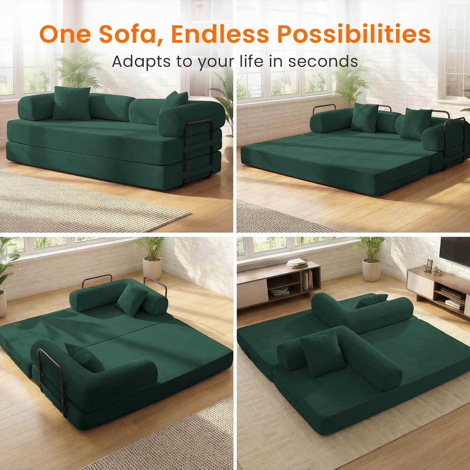 ijuicy 4-in-1 King Convertible Floor Sofa Bed w/ 2 Pillow,Modular Sleeper Sofa/Folding Futon Couch Bed w/Cylindrical Backrest and Fixed Frame,Lounge Couch,Corduroy Compression Sofas for Home-Green