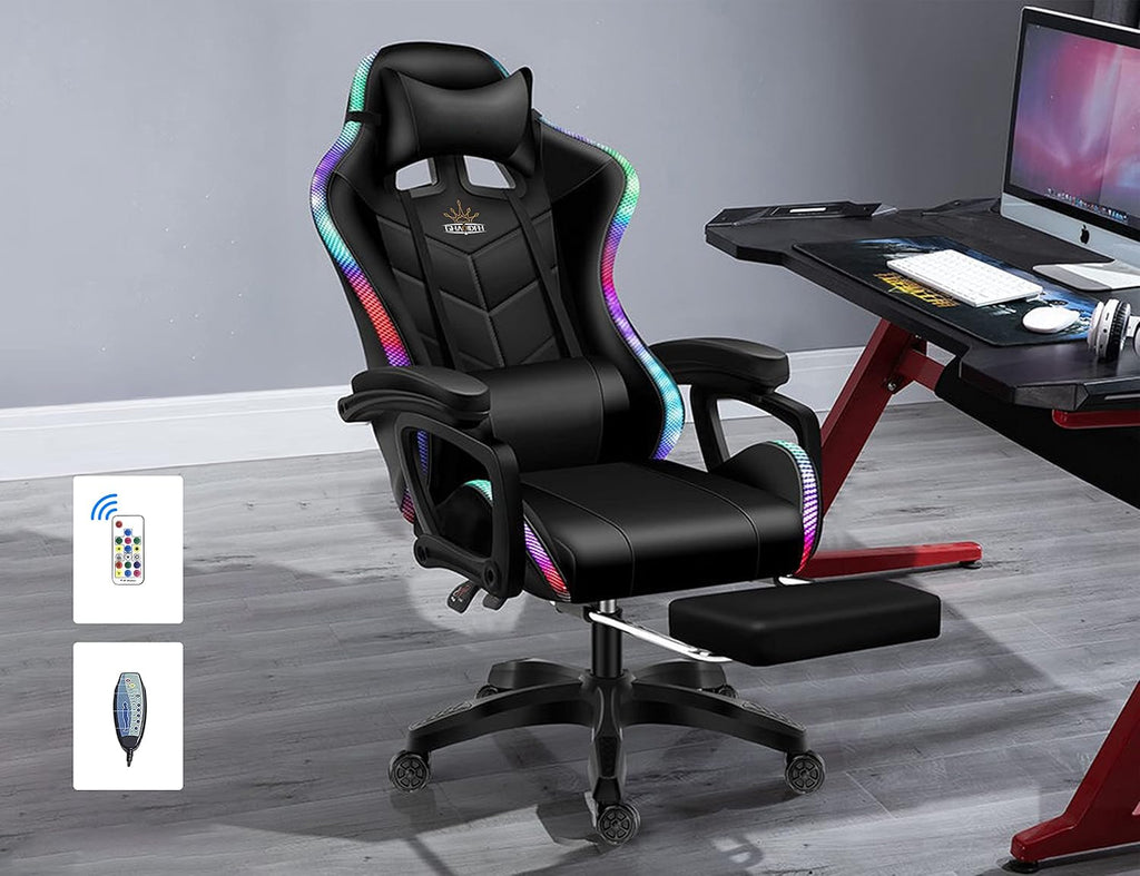 RGB Gaming Chair with Massage and Footrest, Ergonomic Pro Computer Chair with LED Lights and Speakers, High Back Music Video Chair with Lumbar Support and Headrest, for Adult Teens. (All Black)