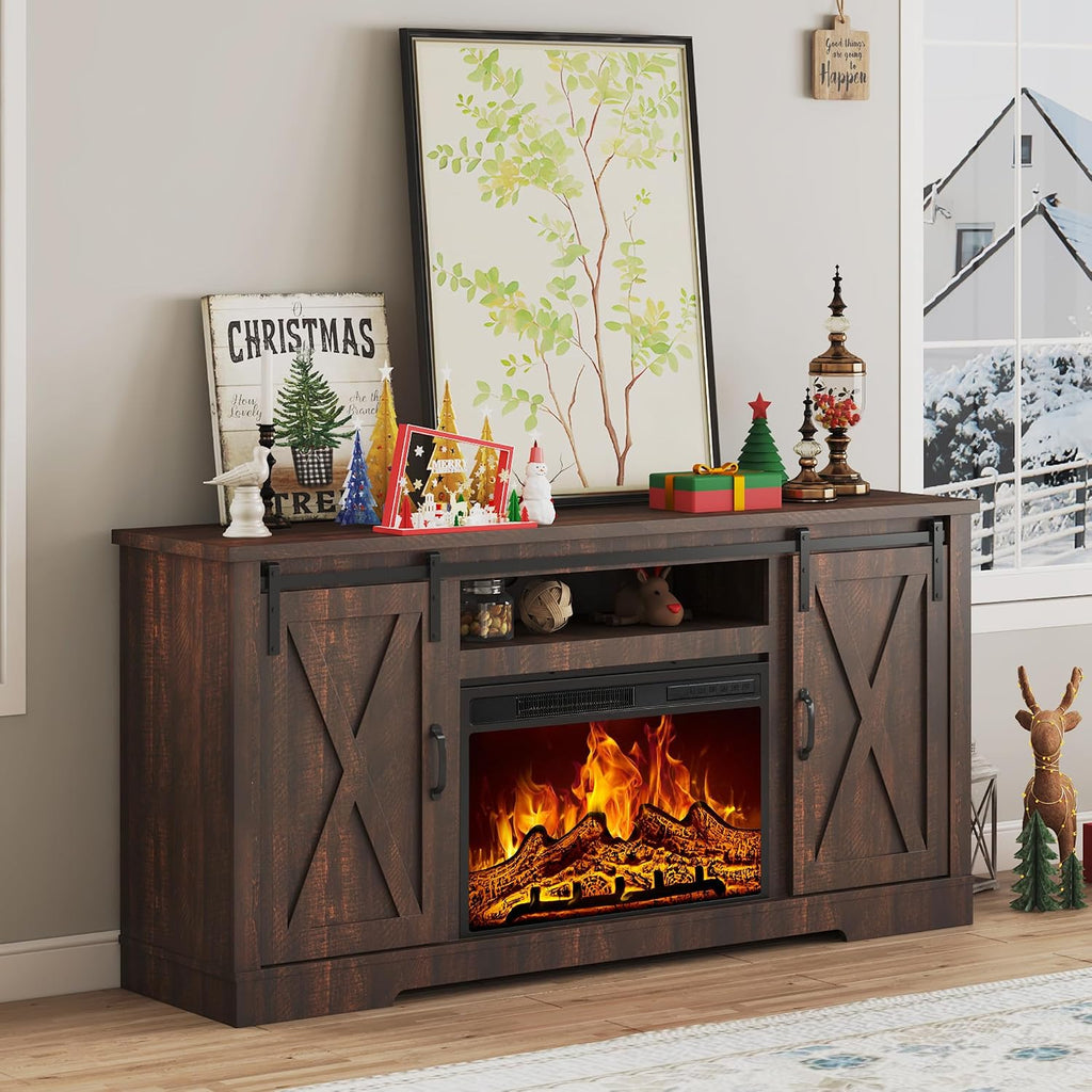 AMERLIFE Fireplace TV Stand with Sliding Barn Door for TVs up to 73', Farmhouse 63' Fireplace Entertainment Center with Storage Cabinets/Adjustable Shelves, Reclaimed Barnwood
