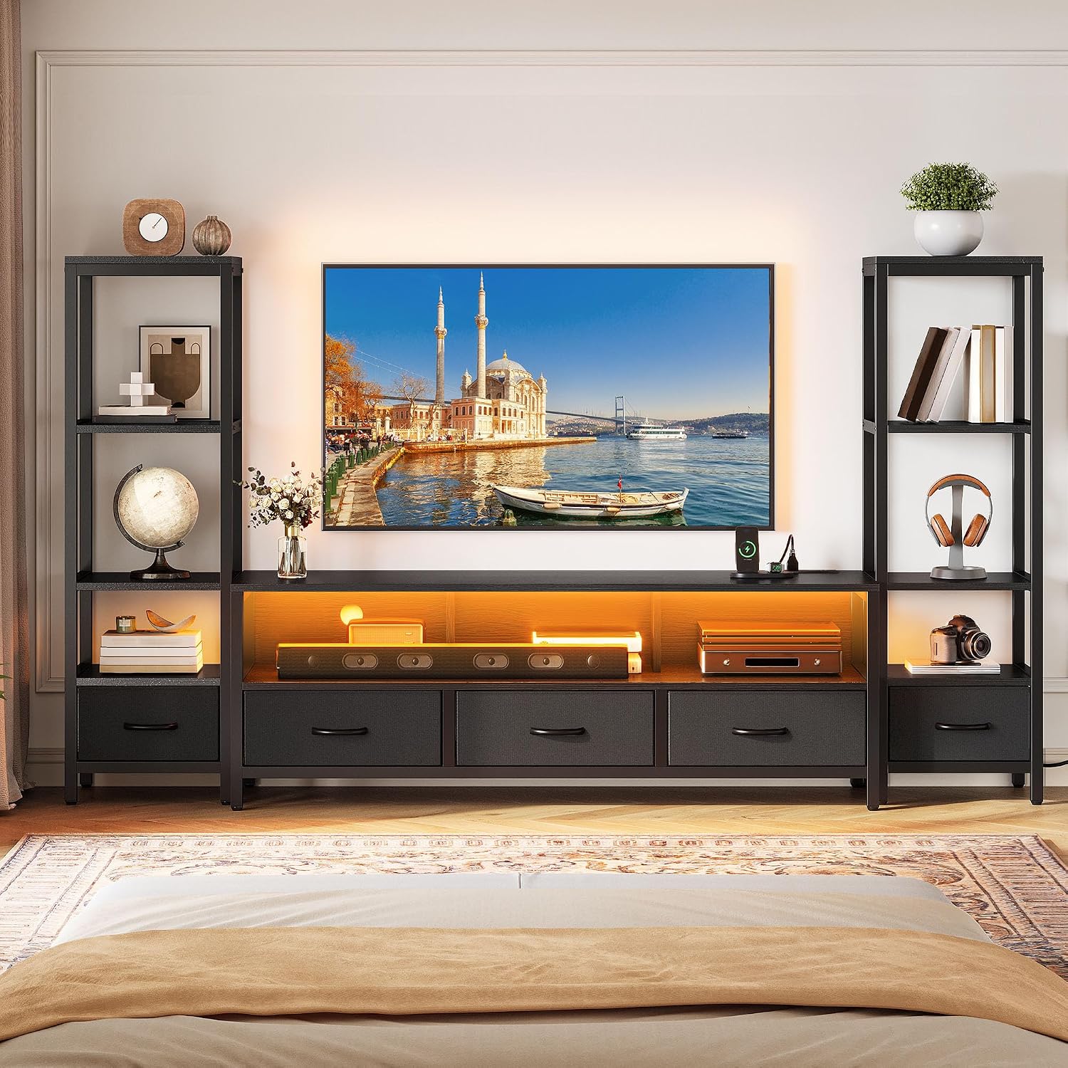 YITAHOME Modern TV Stands for 65 inch TVs, Entertainment Center with Drawers and Bookshelves, LED TV Console Cabinet with Power Outlets for Living Room, Black