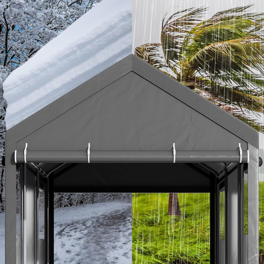12x20 FT Heavy Duty Carport Canopy, All-Weather Vehicle Shelter with Roll-up Ventilation Windows & Removable Sidewalls, Portable Garage for SUV, Truck, Boat, Gray