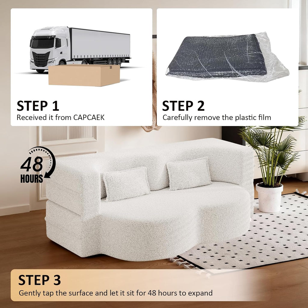 CAPCAEK Folding Sofa Bed,15' Full Size Boneless Couch for Living Room, Convertible Teddy Fabric Foam-Filled Sleeper Futon Loveseat Couch for Living Room, Guest Use, Office, Apartmen (Beige)