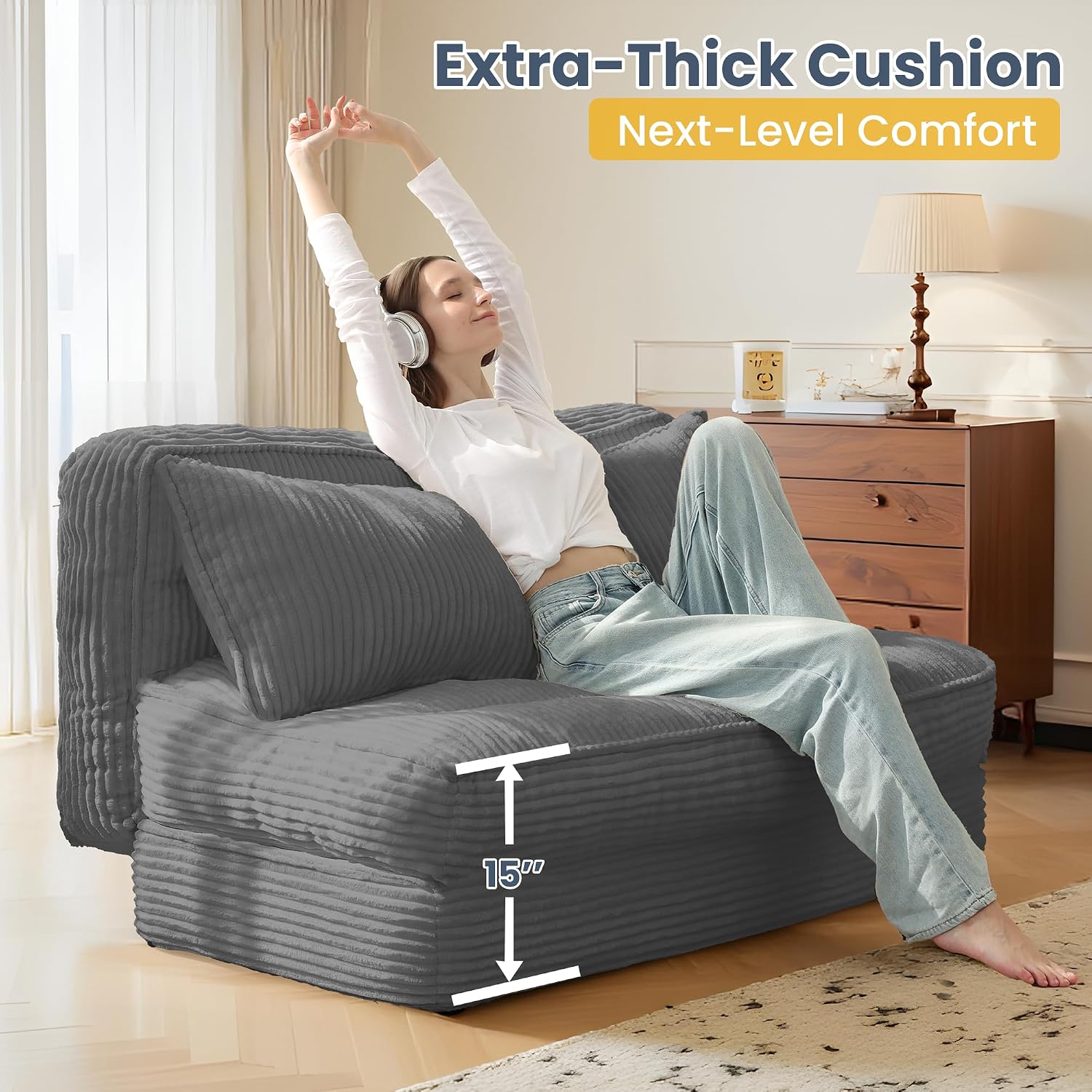 Convertible Folding Sofa Bed with Fixed Frame,Boneless Couch Loveseat Sleeper with 5-Position Adjustable Backrest & Thickened Cushion,Futon Couch with 2 Pillows for Bedroom,Small Spaces