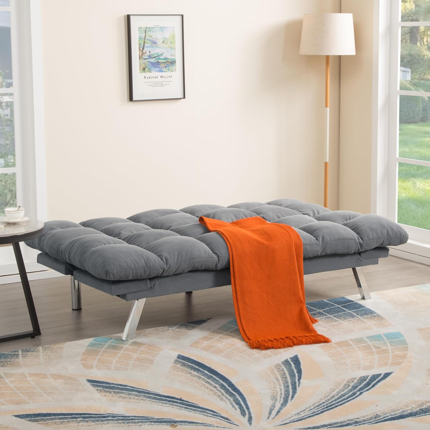 Modern Light Gray Corduroy Convertible Folding Futon Couch Sofa Bed Adjustable Pillow Top Arm Memory Foam Couch Double Loveseat Sofa for Compact Living Space, Apartment, Bedroom (67.3' Light Gray)