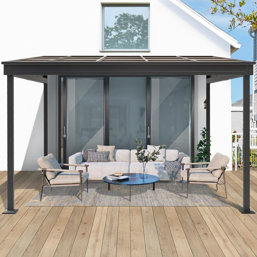 GARTOO 10' x 13' Upgraded Wall-Mounted Gazebo, Aluminum Outdoor Patio Lean to Gazebo Pergola with Roof, Canopy Awnings to House for Garden, Lawn, Backyard Deck and More