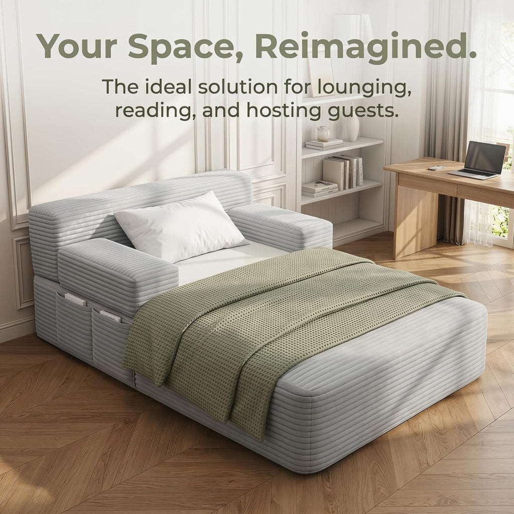 Oversized Boneless Chaise Sofa Bed, Corduroy Chaise Lounge Chair Indoor with Storage Pockets, Upholstered Cloud Sleeper Chair Bed for Small Space, Living Room, Bedroom, Apartment, Light Grey