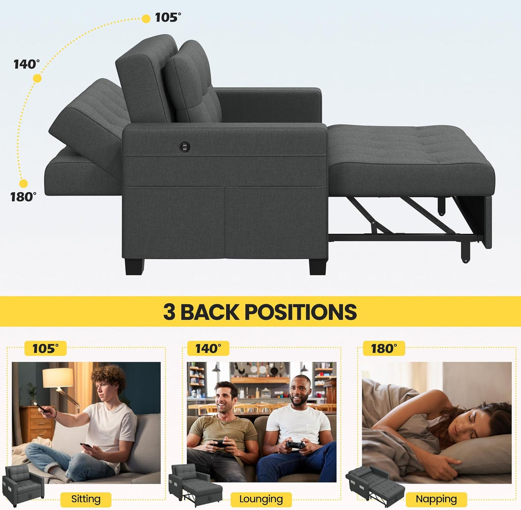 Yaheetech Convertible Futon Sofa Bed 3-in-1 Sleeper Chair Bed Tufted Couch with Adjustable Backrest, 2 USB Ports for Living Room Bedroom Small Space, Dark Gray