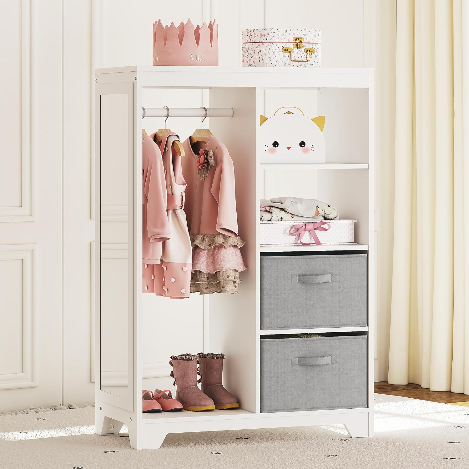 UTEX Kids Dress Up Storage with Full Length Mirror, Kids Armoire with 2 Storage Bins, Opening Hanging Costume Closet Wardrobe, Pretend Storage Closet Armoire Dresser