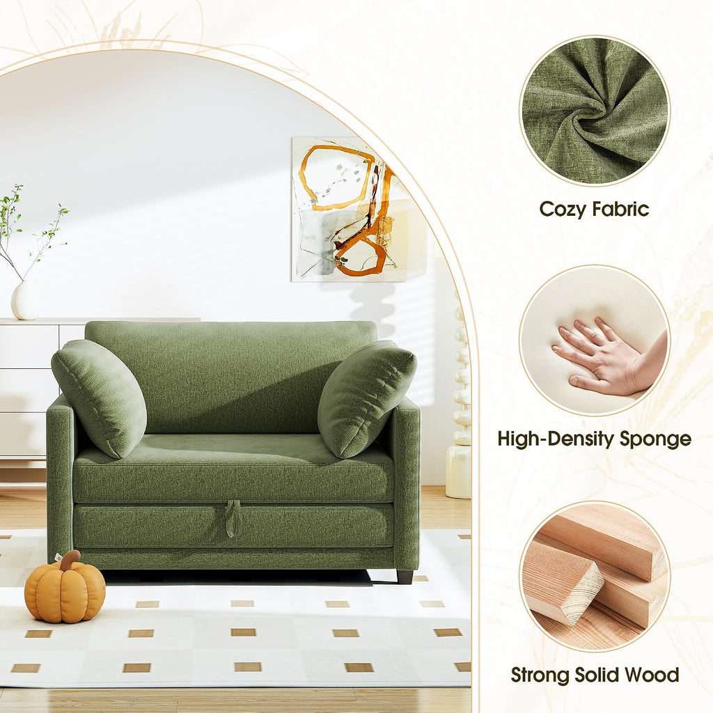 51' Convertible Loveseat Sofa Bed, 2 in1 Folding Sofa Bed, Loveseat Sleeper Sofa for Small Spaces, Fold Out Floor Couch with 2 Pillows for Apartment, Living Room & Guest Room, Green Chenille Fabric