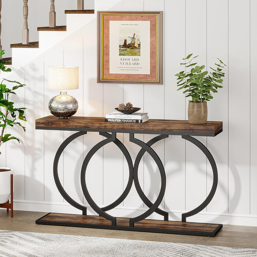 Tribesigns Industrial Console Table, 55 inch Rustic Entryway Table with Geometric Metal Frame, Narrow Wood Accent Sofa Table for Living Room, Entrance, Hallway, Rustic Brown