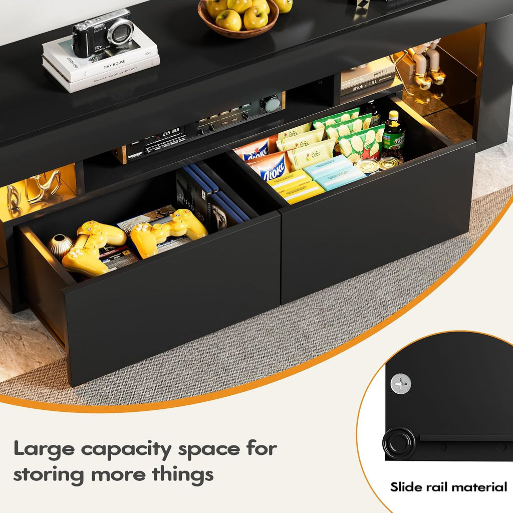 YESHOMY Modern Black LED TV Stand for Televisions up to 70 Inch with Glass Shelves and Drawer, Gaming Entertainment Center with Multiple Dynamic RGB Modes, for Livingroom, Bedroom, 60 Inch, Black