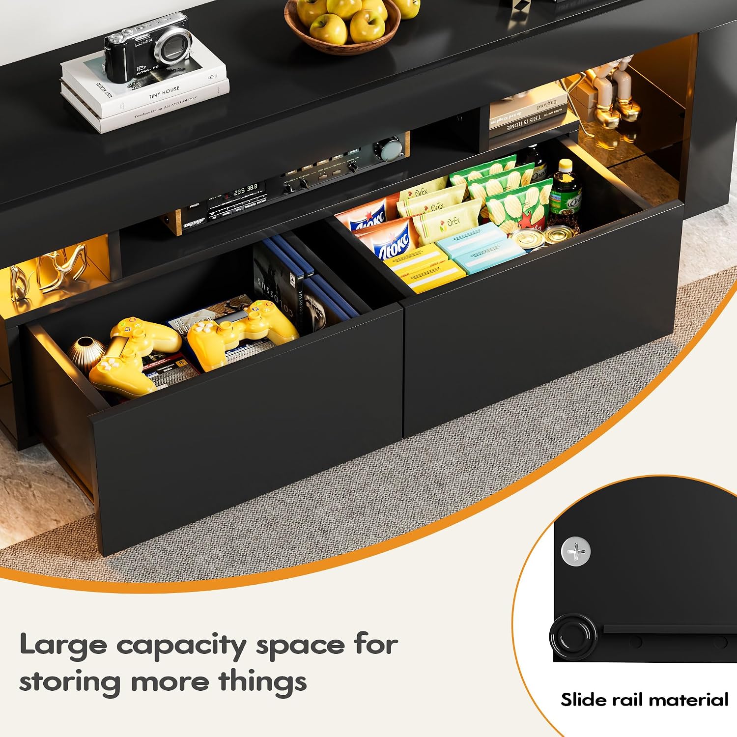 YESHOMY Modern Black LED TV Stand for Televisions up to 70 Inch with Glass Shelves and Drawer, Gaming Entertainment Center with Multiple Dynamic RGB Modes, for Livingroom, Bedroom, 60 Inch, Black