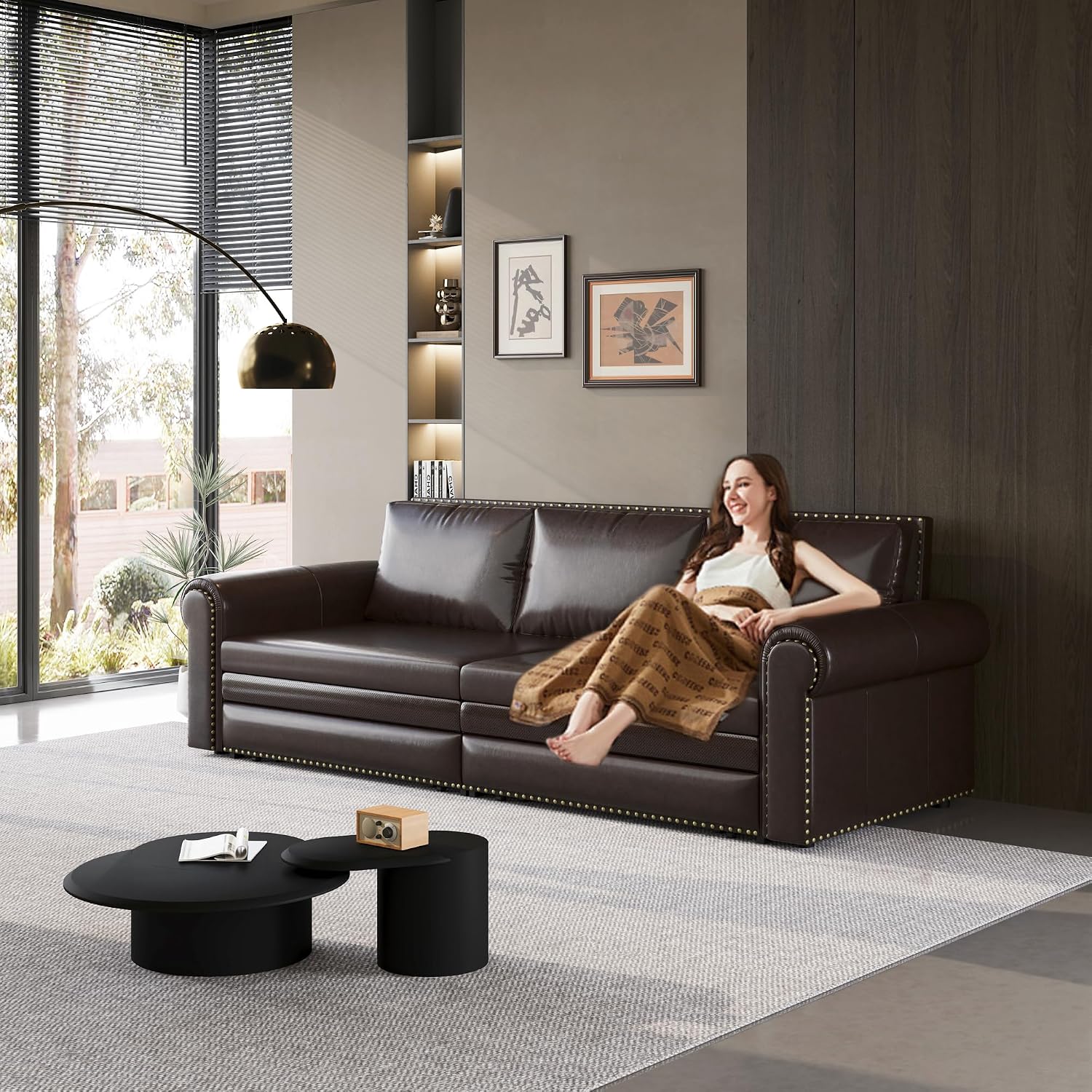 93.7' King Pull Out Sofa Bed, Faux Leather Sleeper Sofa Couch, 3 in 1 Convertible Futon Couches for Living Room, Small Space, Apartment, Office, Bedroom, Modern Rivet Armrest, Dark Brown