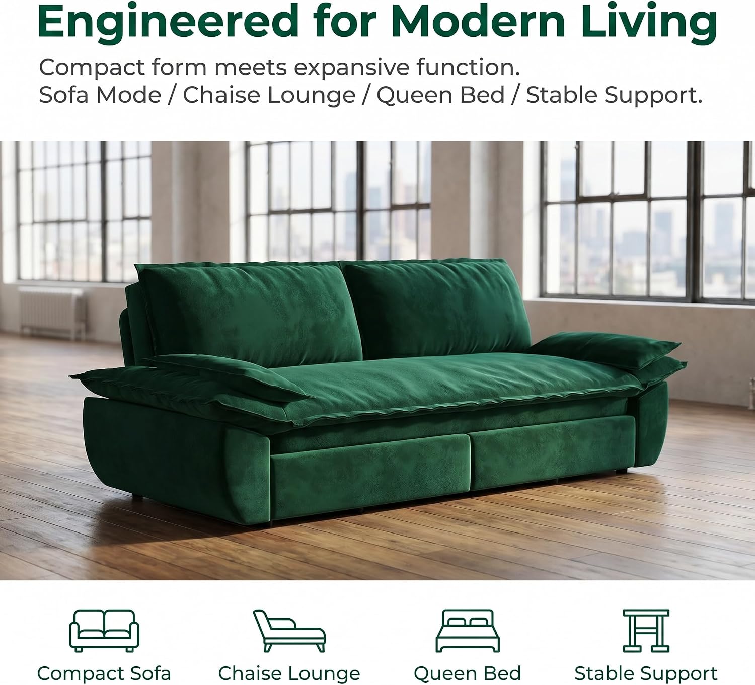 73.2' Sofa Bed Queen, 3-in-1 Pull Out Sofa Bed with Pillow Armrest, Modern Velvet Convertible Sleeper Futon Sofa for Living Room Small Space, Apartment, Bedroom, Green
