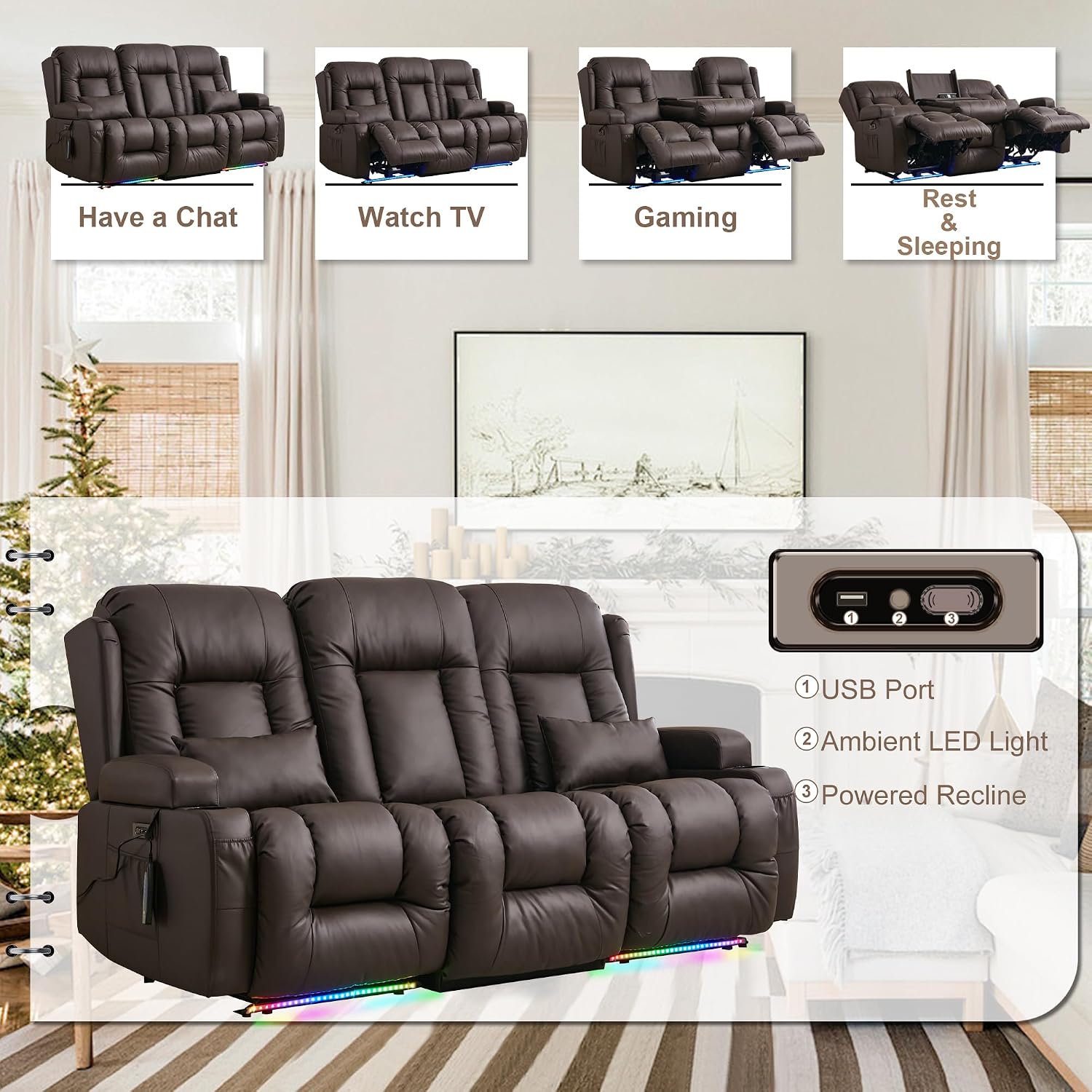 TUNYI Power Loveseat Recliner Sofa with Massage & Heat Home Theater Seating with Console RV Recliner Loveseat Sofa with USB/Storage/Side Pocket/LED Light/Speaker (Brown, 3 Seat)