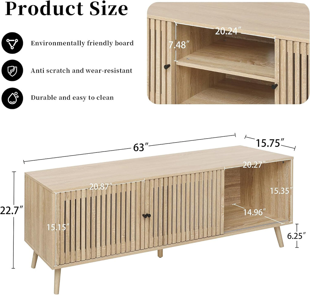 Oubayajia Mid Century Modern TV Stand for Televisions up to 70 Inches, with Sliding Doors and Storage, Television Stands, TV Consoles, Media Consoles for Living Room, 63 Inch (Natural)
