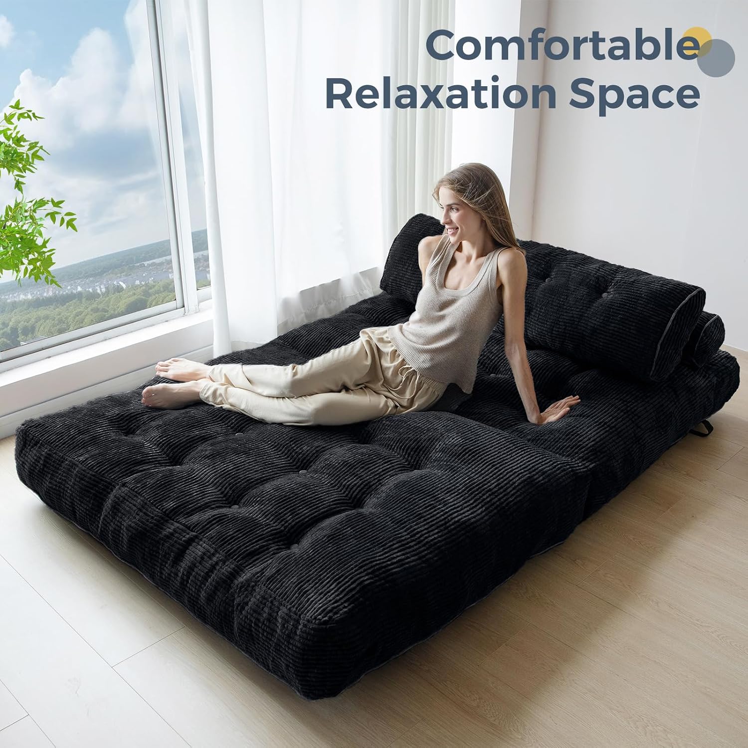 MAXYOYO Folding Sofa Bed, Convertible Sleeper Chair with Pillow Foldable Mattress with Back Support, Portable Fold Out Chair Bed Comfy Floor Sofa Lounge for Living Room Bedroom, Black Double