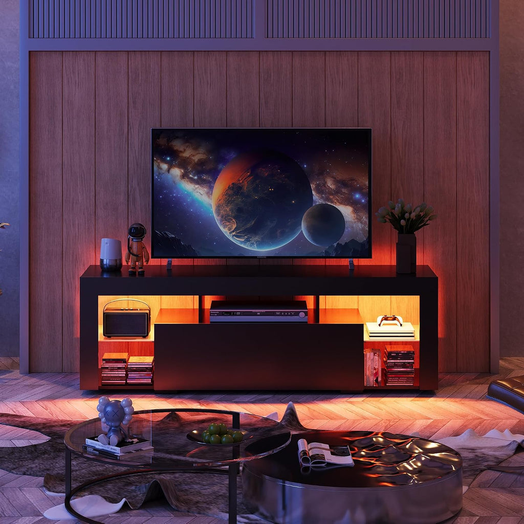 WLIVE TV Stand with LED Lights & 2 Large Storage Drawers, Modern Entertainment Center for 32/43/50/55/60 Inchs TVs, Sturdy TV Console for Living Room, Bedroom(Black)