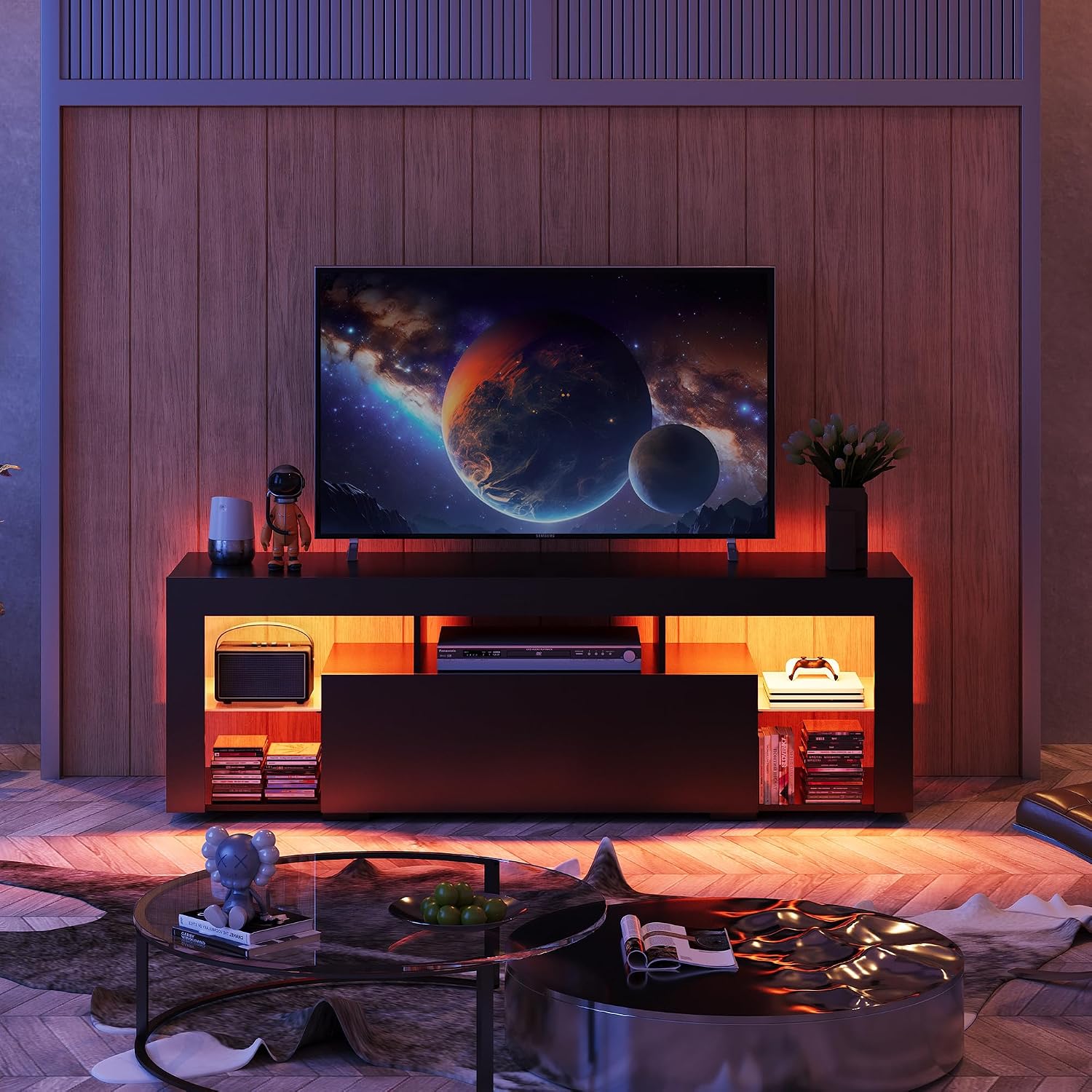 WLIVE TV Stand with LED Lights & 2 Large Storage Drawers, Modern Entertainment Center for 32/43/50/55/60 Inchs TVs, Sturdy TV Console for Living Room, Bedroom(Black)