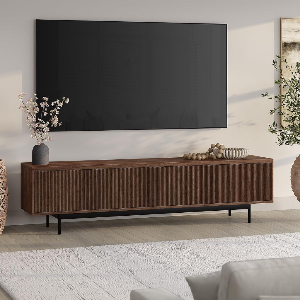 Henn&Hart Fluted TV Stand for TVs up to 85' with 2 Open-Concept Ribbed Storage Cabinets for Living Room, Family Room, or Office, Medium Walnut