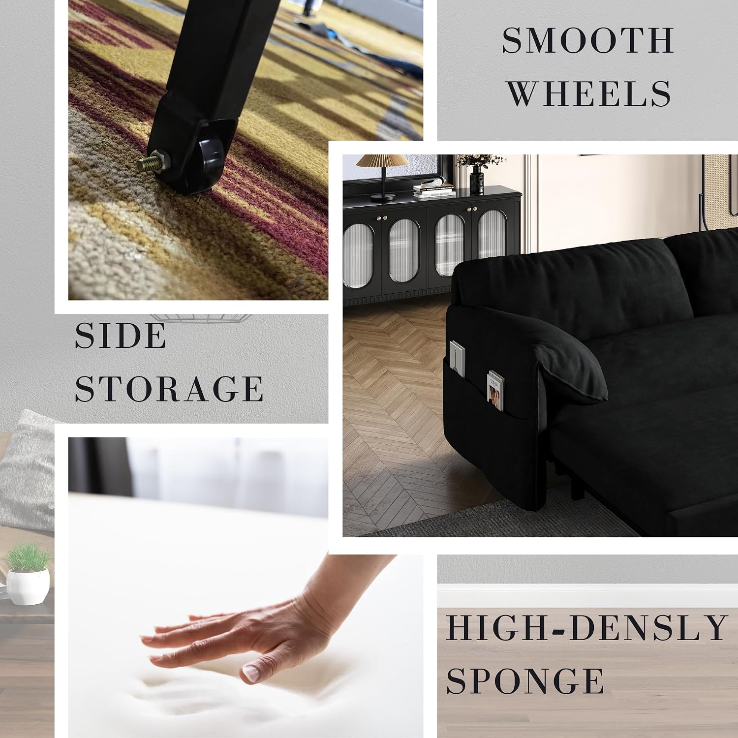 3 in 1 Convertible Queen Sleeper Sofa Bed Comfy Pull Out Futon Couch Bed 66' Modern Velvet Recliner Loveseat Sofa Multi-Functional Black Cloud Couch for Living Room,Apartment,Office (Black 66')