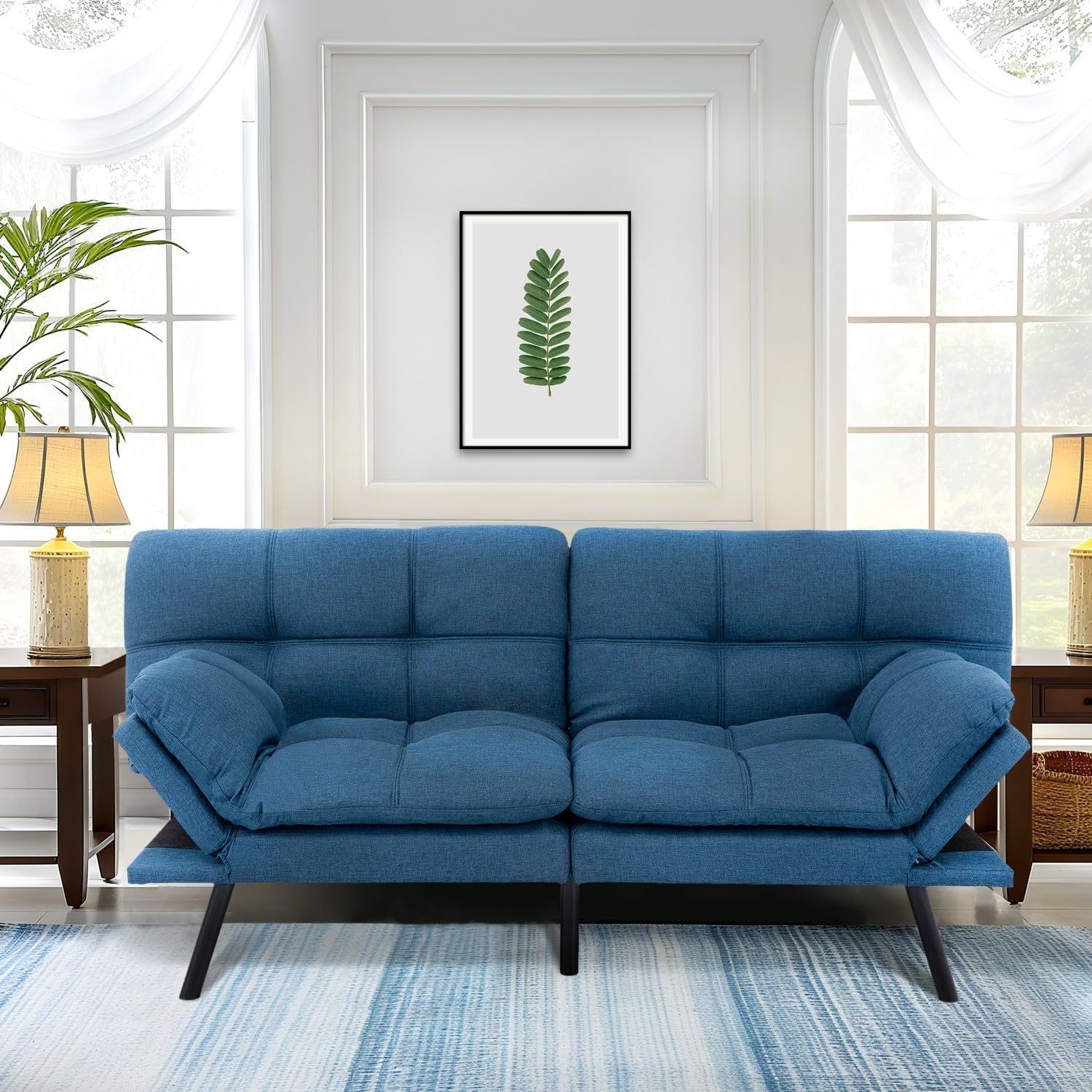 MUUEGM 71' Futon Sofa Bed, Convertible Couch Bed, Modern Loveseat with Adjustable Backrest&Armrest, Sofas for Living Room,Game Room,Dormitory,Office.Blue Fabric