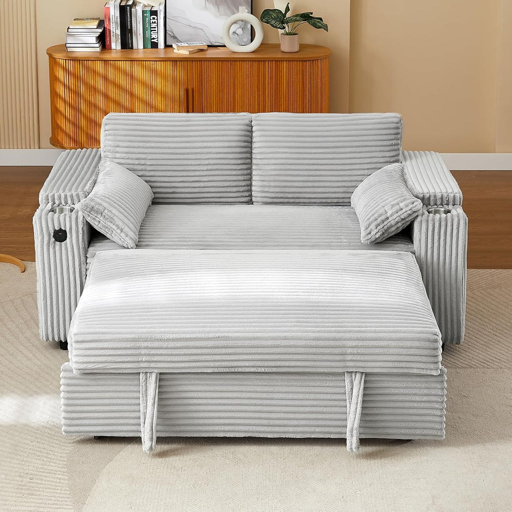hansones 68.11' Corduroy Sleeper Chair Bed with USB Port, Cup Holders & Side Storage Pockets – 3-in-1 Foldable Sofa Bed for Guest Room, Living Room –Gray