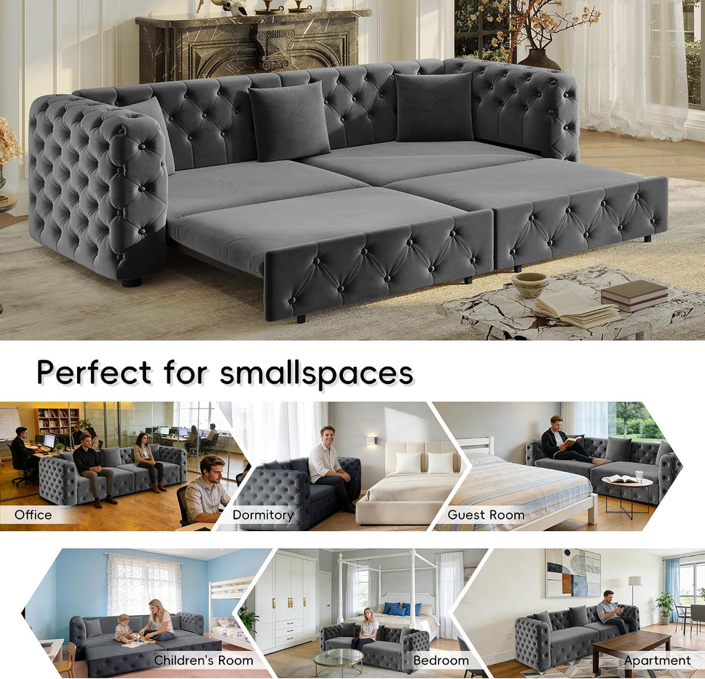 89' Pull Out Sofa Bed King Size, Velvet Chesterfield Sleeper Sofa Couch, 3 in 1 Convertible Recliner, Modern Tufted Deep Seat Couches for Living Room, Small Space, Apartment, Concrete Gray