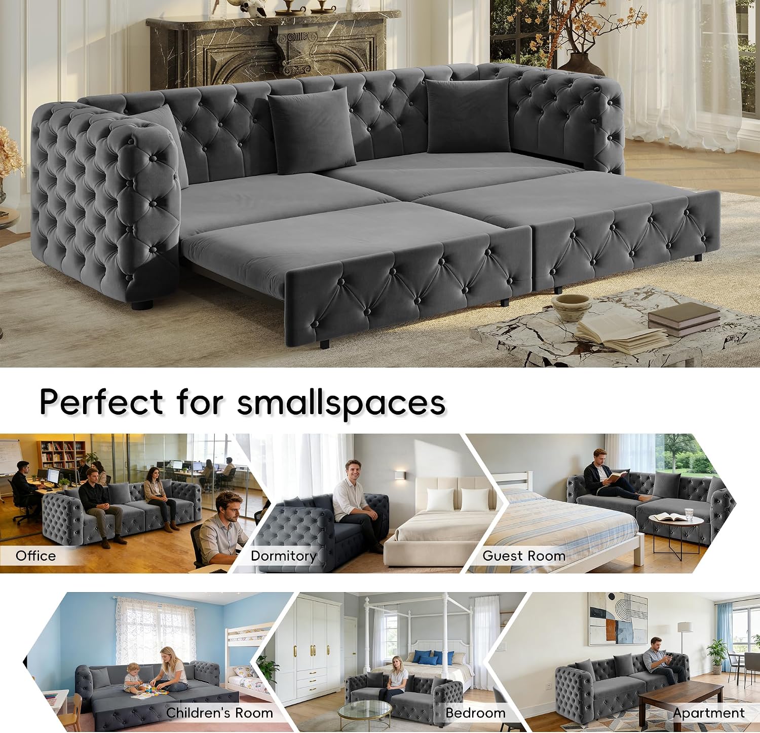 89' Pull Out Sofa Bed King Size, Velvet Chesterfield Sleeper Sofa Couch, 3 in 1 Convertible Recliner, Modern Tufted Deep Seat Couches for Living Room, Small Space, Apartment, Concrete Gray