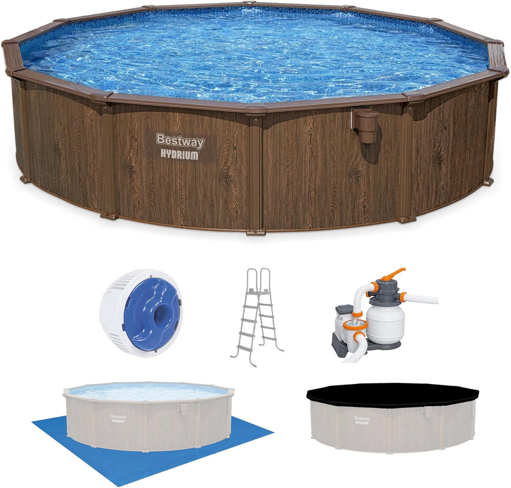 Bestway Hydrium 18' x 52' Above Ground Pool, Round Steel Side Wall Frame Outdoor Swimming Pool Set with Sand Filter Pump, Ladder & Accessories