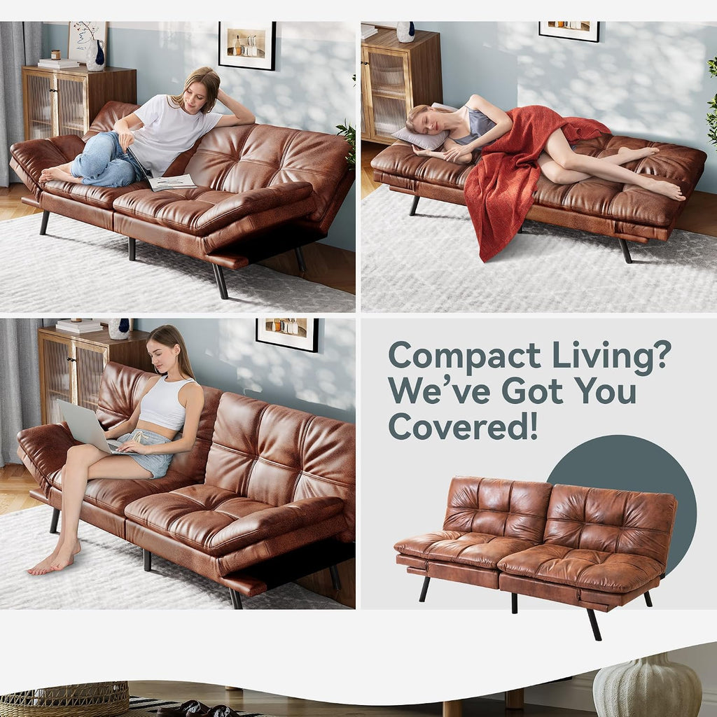 Vyfipt Convertible Futon Sofa Bed, Brown Faux Leather Futon Couch with Adjustable Backrest & Armrests, Folding Small Recliner Sleeper Sofa Bed for Living Room, Apartment, Office