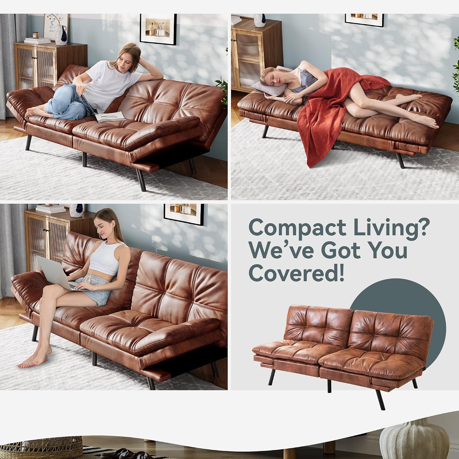 Vyfipt Convertible Futon Sofa Bed, Brown Faux Leather Futon Couch with Adjustable Backrest & Armrests, Folding Small Recliner Sleeper Sofa Bed for Living Room, Apartment, Office