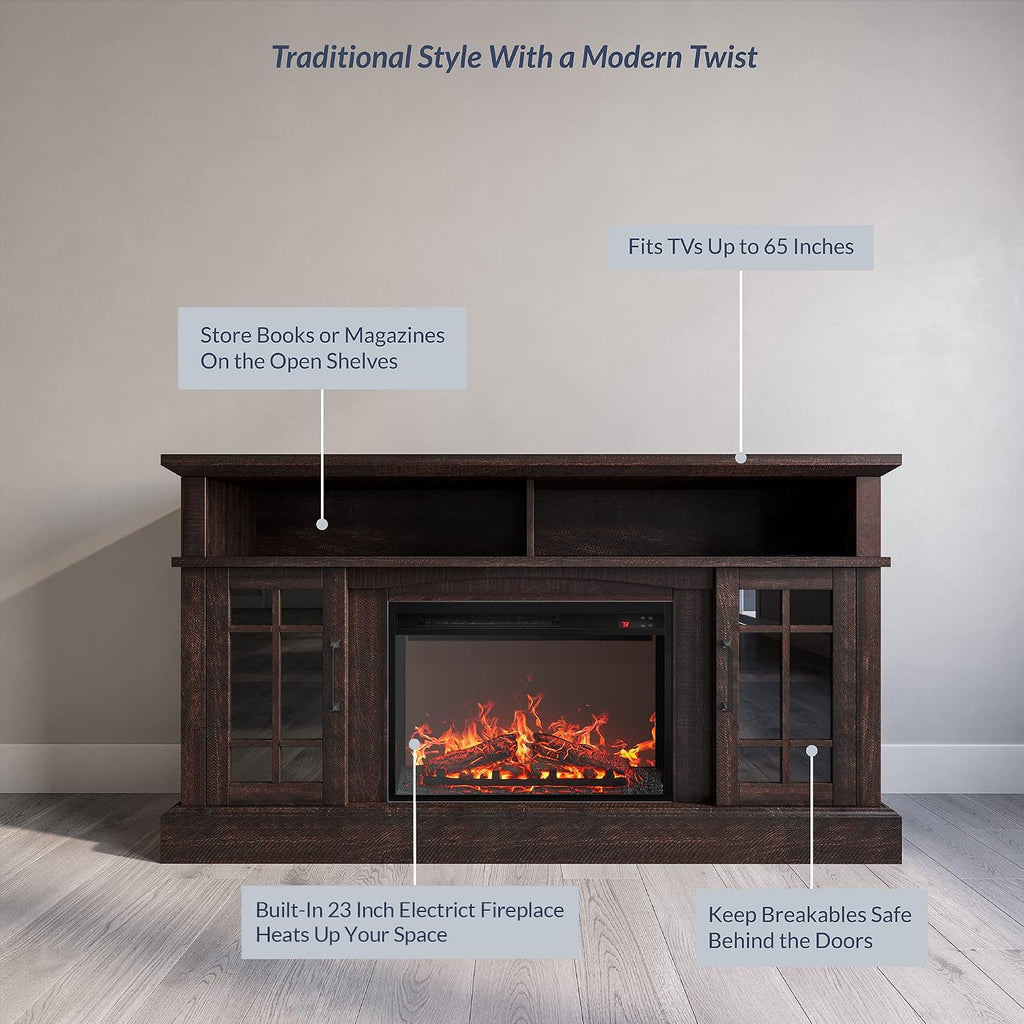 BELLEZE Traditional 58' Rustic TV Stand with 23' Electric Fireplace Heater with Sound, Media Entertainment Center Console Table for TV up to 65' with Open Storage Shelves and Cabinets - Espresso