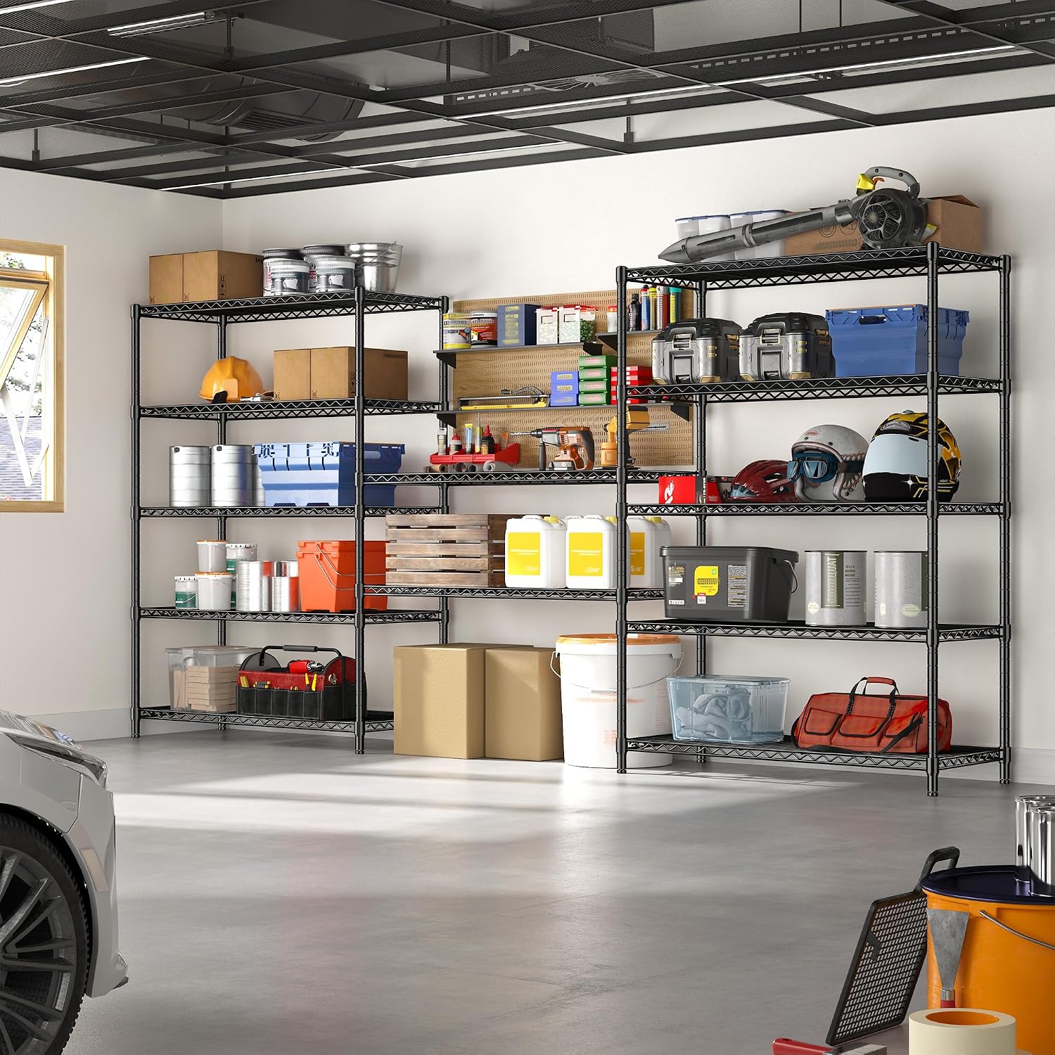 5 Tier Storage Shelves 71'H Wire Shelving Adjustable Metal Shelving,1000LBS Pantry Shelves Sturdy Steel Wire Shelf for Kitchen School Pantry Garage Warehouse ,71'H X35.5'W X13.8'D, Black,2P