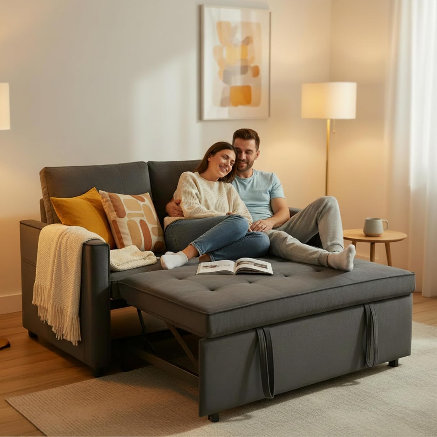 Sofa Bed, Pull Out Couch with Side Pockets, 3 in 1 Velvet Fabric Loveseat Sleeper Sofa Bed, Pull Out Couch with Adjustable Backrest for Living Room, Bedroom, Apartment, Gray, 53 Inch