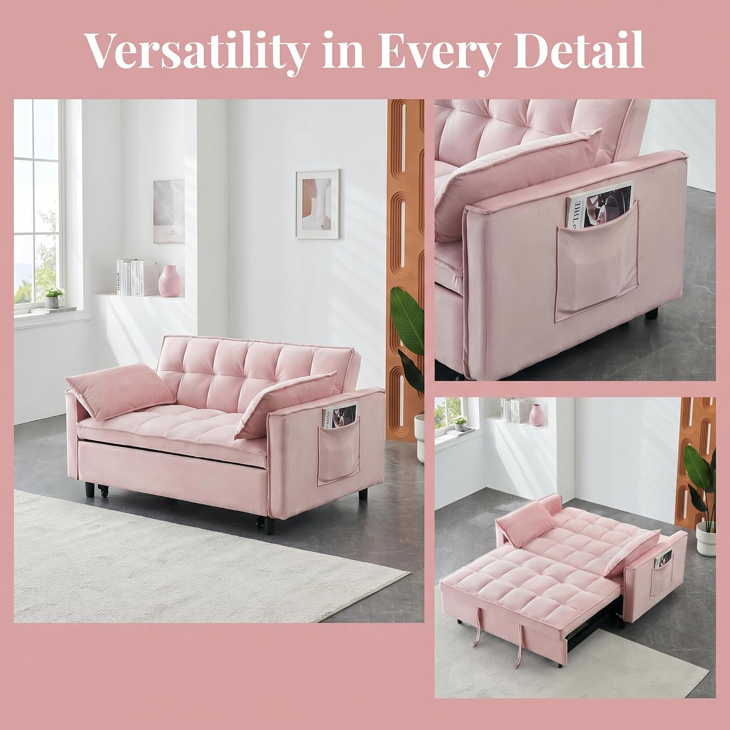 3 in 1 Convertible Sofa Bed, Loveseat Sleeper Sofa with Large Side Pockets, Pull Out Couch with Adjustable Backrest, Easy Assembly, Velvet Couch Bed for Small Spaces, Apartment, Pink