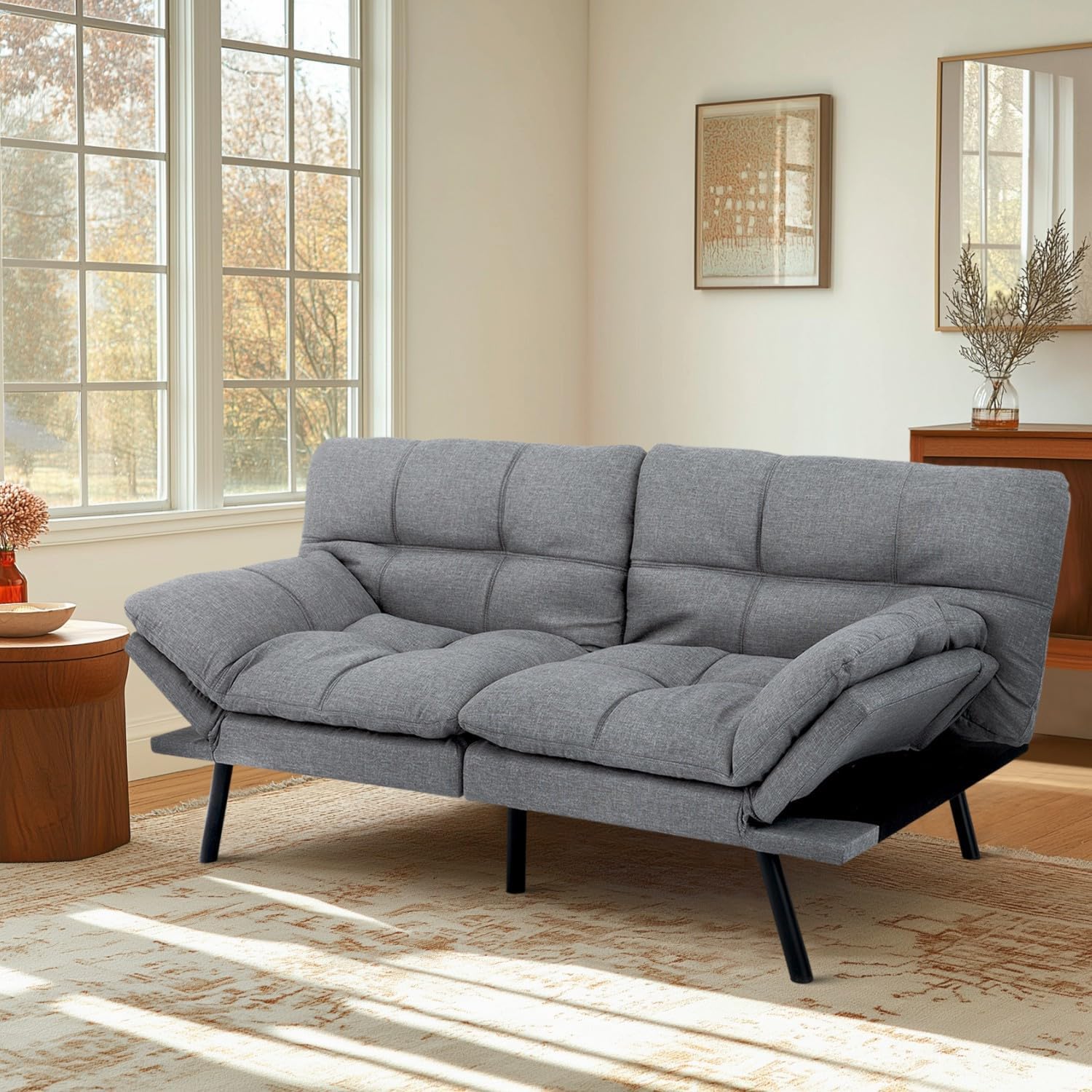 MUUEGM Futon Sofa Bed Modern Memory Foam Futon Couch Sleeper Sofa,Love seat Convertible Sofa with Adjustable Armrest Backrest for Compact Living Spaces,71'' x33''x31.5'',Linen Fabric,Grey