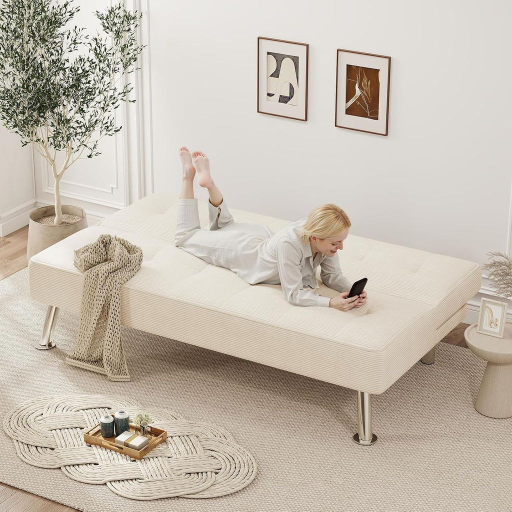 Furnimart Futon Sofa Bed, 66' Corduroy Convertible Futon Couch with 3-Position Adjustable Backrest, Solid Wood Frame Sleeper Sofa for Small Space, Living Room, Apartment, Office, Beige