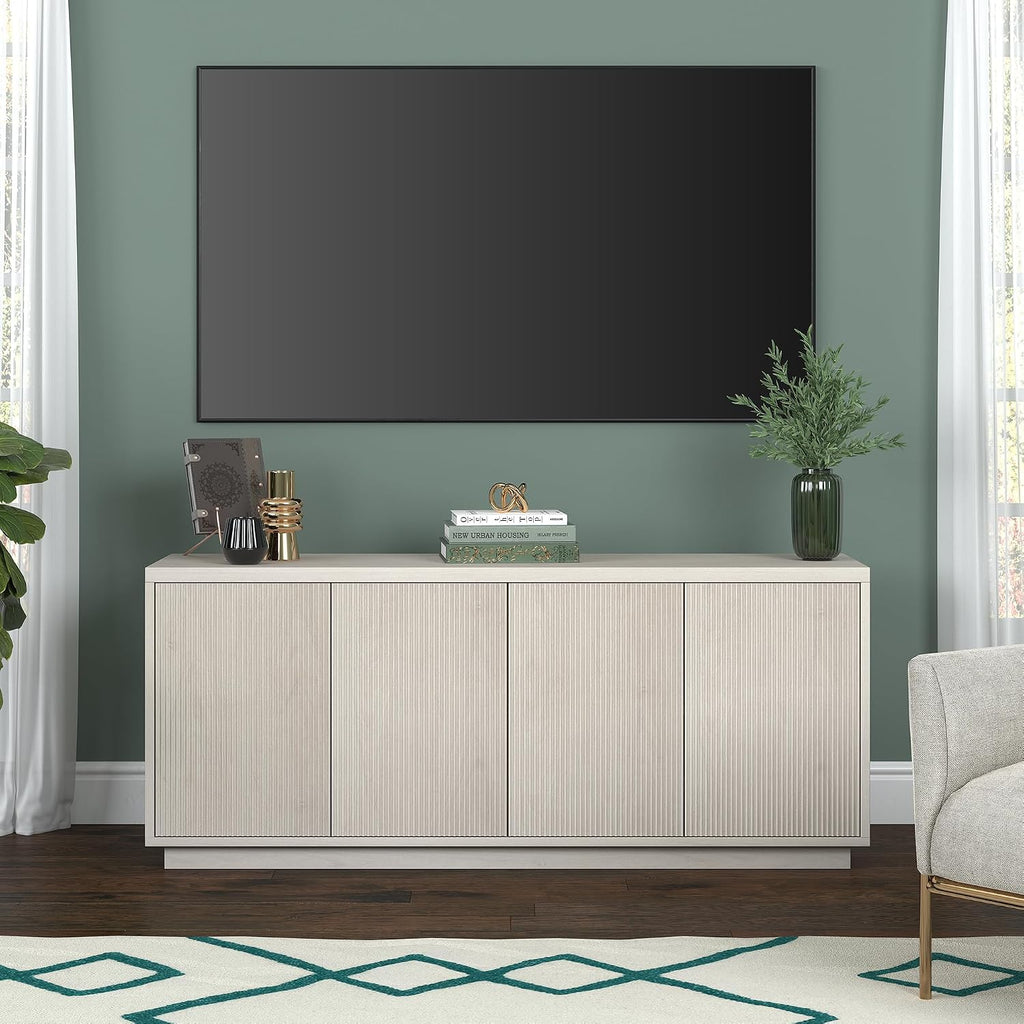 Henn&Hart Fluted TV Stand for TVs up to 65' with 2 Concealed Ribbed Storage Cabinets and Adjustable Shelves for Living Room, Family Room, or Office, Beech White