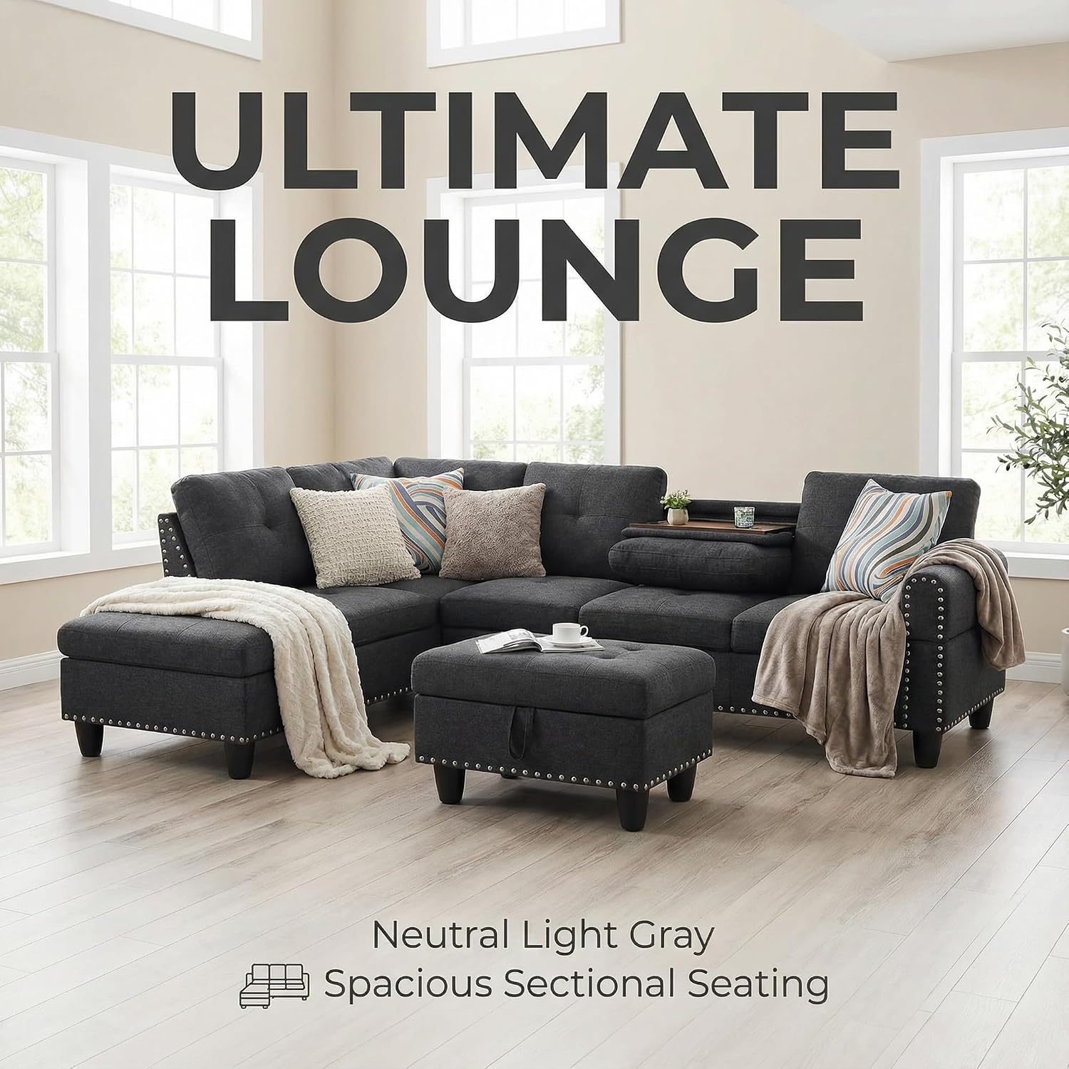 3-Piece L-Shaped Modular Sofa – Convertible Sectional Couch with Movable Chaise & Storage Ottoman, Multi-Scene Use for Living Room, Apartment & Office, Black Grey