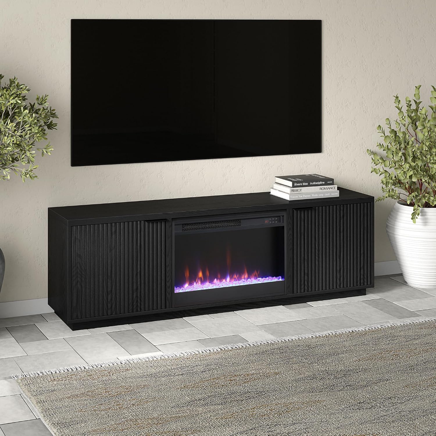 Henn&Hart Rectangular TV Stand with 26' Crystal Fireplace for TV's up to 78' in Black Grain, for Home, Living Room, Bedroom, Entertainment Room, Office