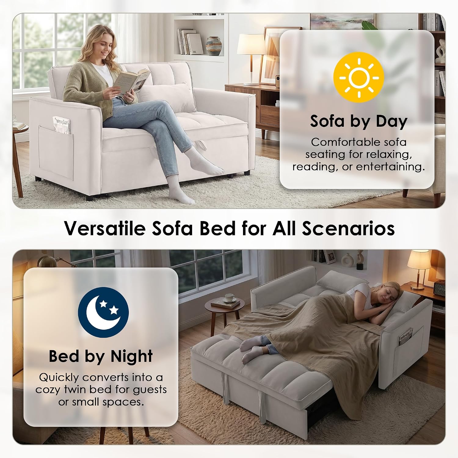 3 in 1 Convertible Sleeper Sofa Bed, 55' Pull Out Couches, Modern Loveseat Sleeper Sofa with Adjustable Reclining Backrest & Side Pockets for Living Room, Velvet Fabric, Beige