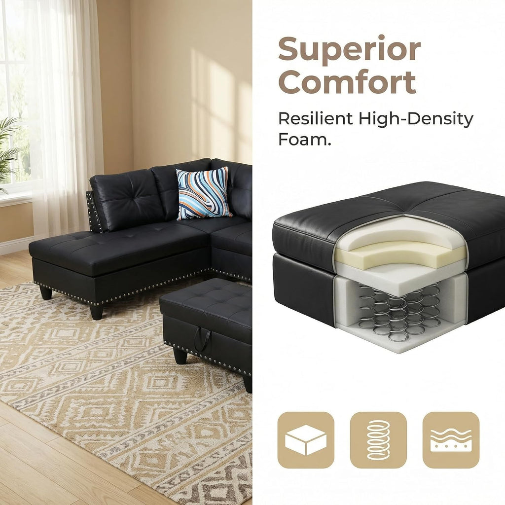 Leather 3-Piece L-Shaped Couches for Living Room, Sectional Sofa with Storage Ottoman & Movable Chaise, Modular Convertible Couch for Bedroom & Apartment, Midnight Black