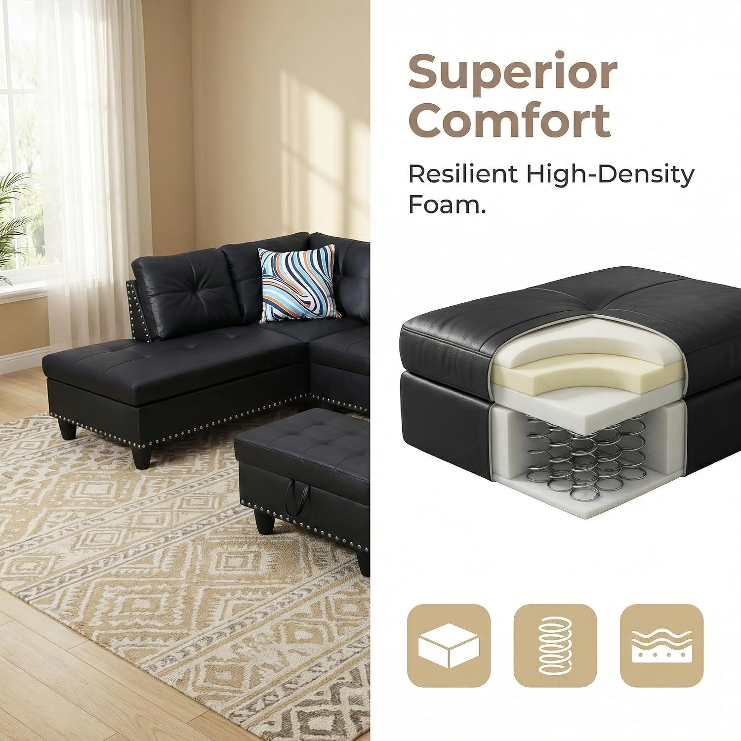 Leather 3-Piece L-Shaped Couches for Living Room, Sectional Sofa with Storage Ottoman & Movable Chaise, Modular Convertible Couch for Bedroom & Apartment, Midnight Black