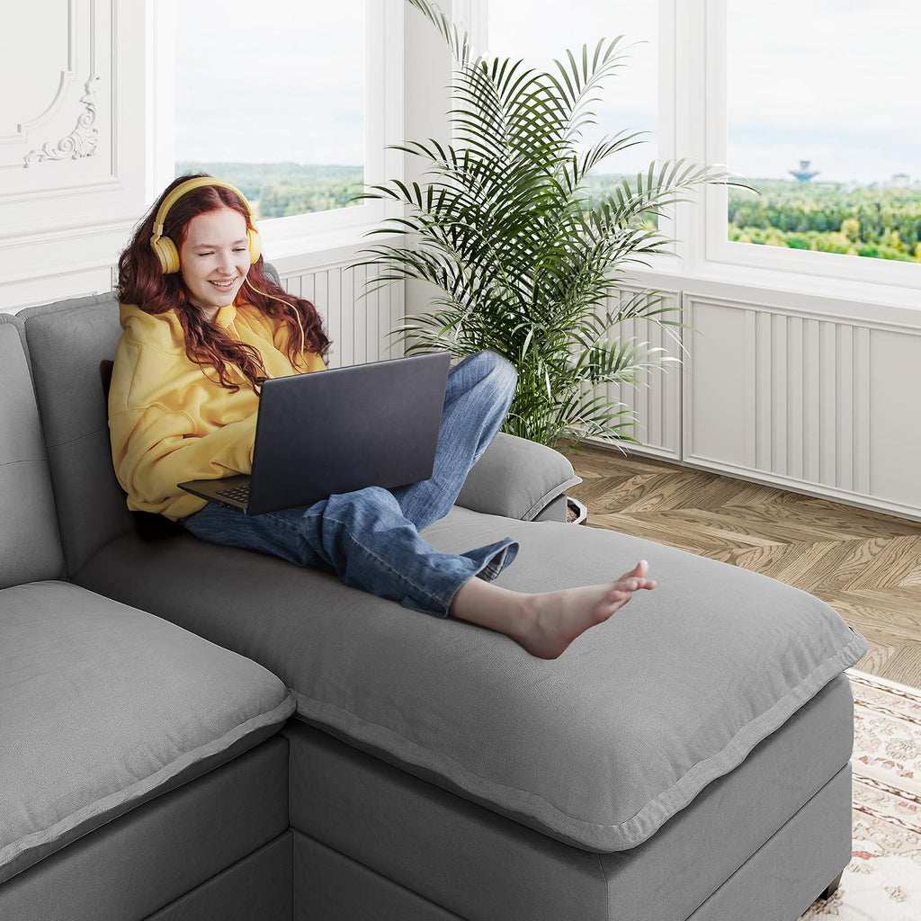 U Shaped Sectional Couch for Living Room,110' 4-Seater Comfy Couch with Double Chaise,Deep Seat Modular Sofa Couches with Thick Cushion & Soft Backrest,Light Grey