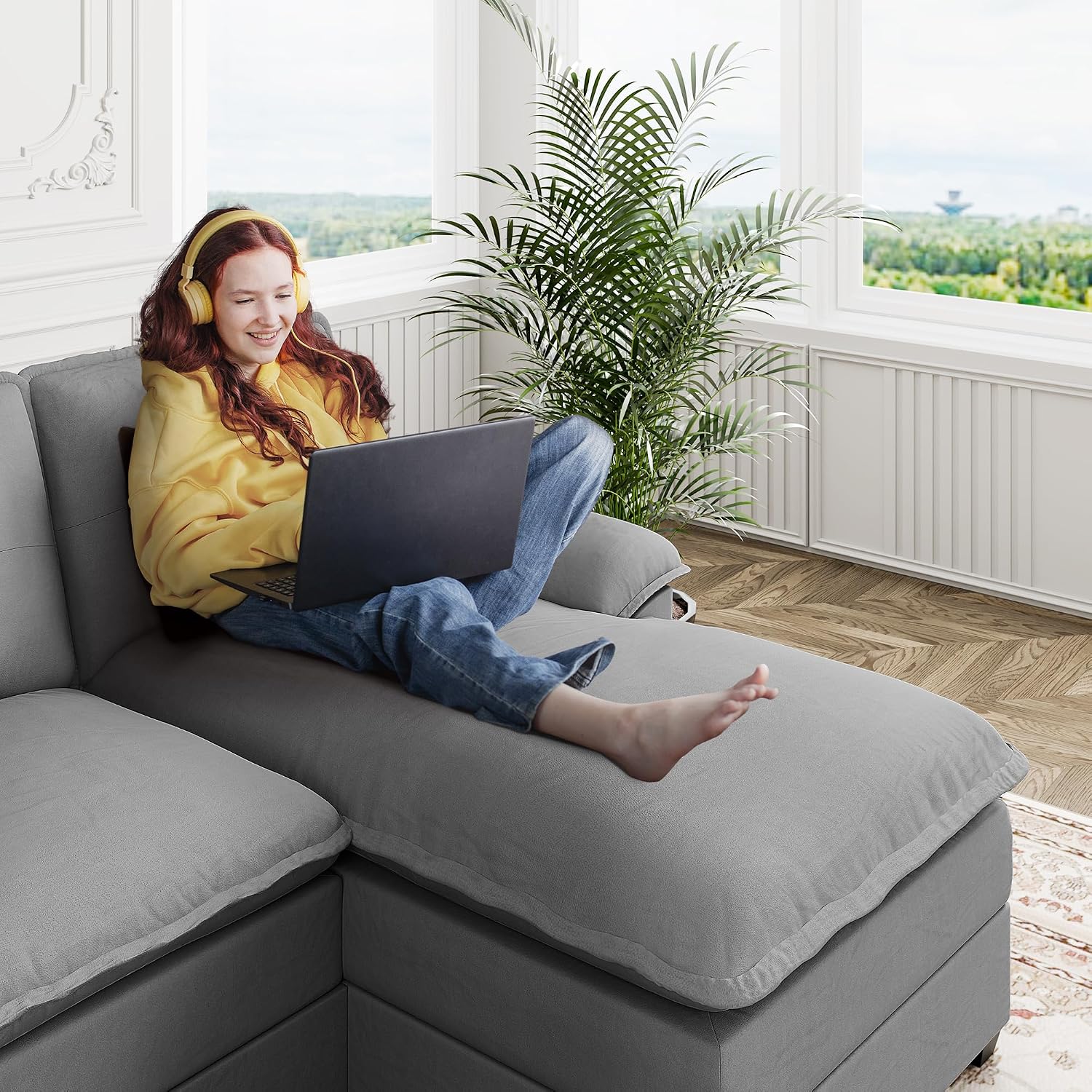 U Shaped Sectional Couch for Living Room,110' 4-Seater Comfy Couch with Double Chaise,Deep Seat Modular Sofa Couches with Thick Cushion & Soft Backrest,Light Grey